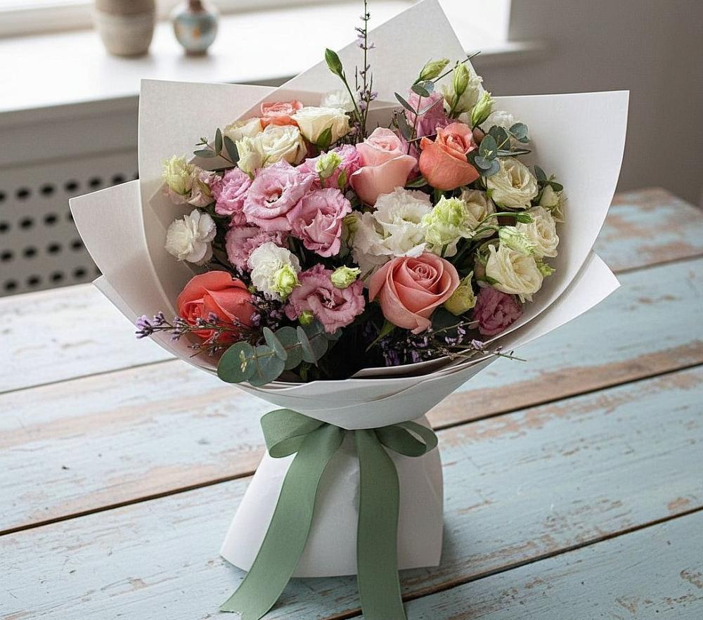 Букет цветов из: Розы, Лизиантусы и Гвоздики в Сергиевской