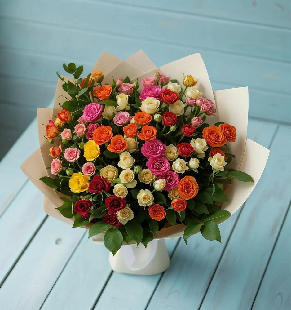 Букет Микс из разноцветных кустовых роз в Сергиевской