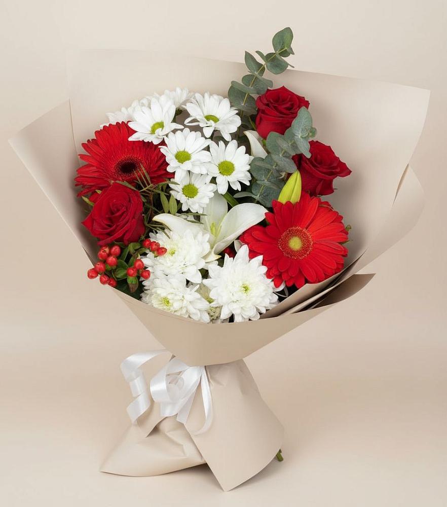 Букет цветов из: Розы, Хризантемы, Герберы и Лилии в Сергиевской