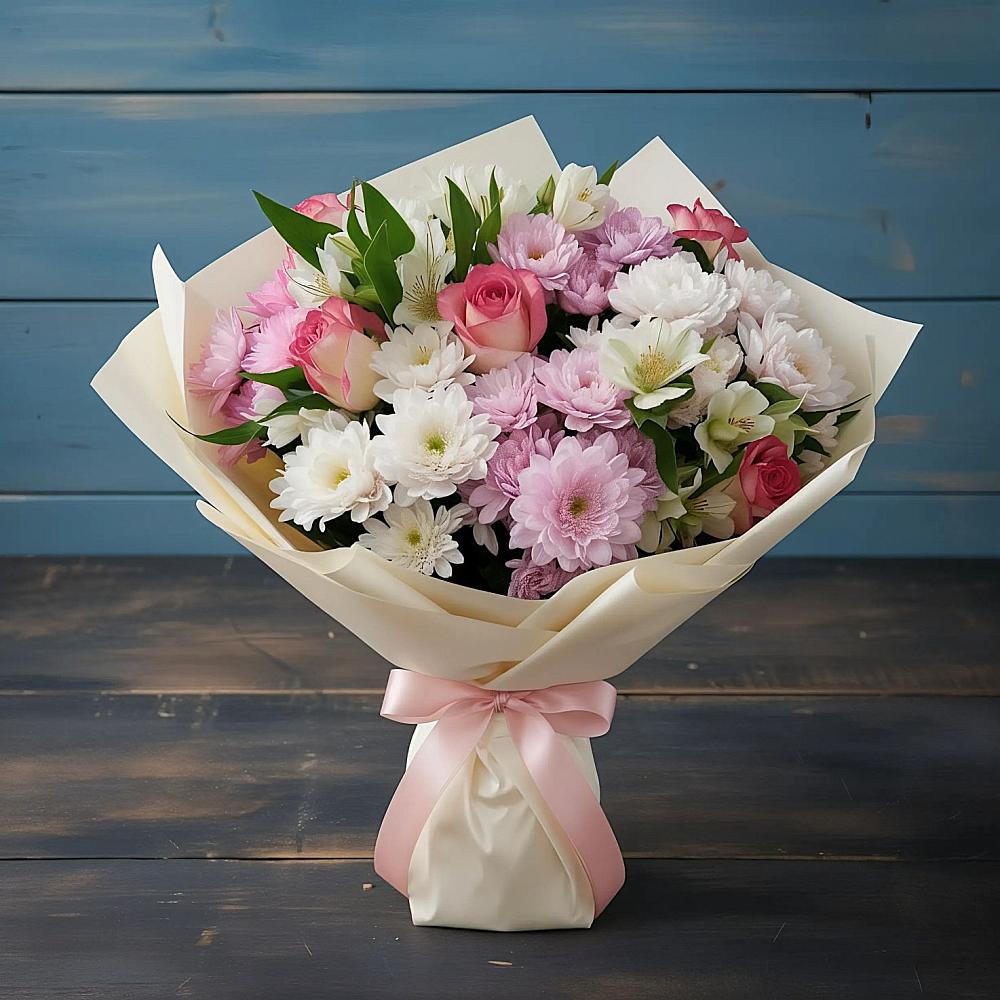 Букет цветов из: Хризантемы, Альстромерии и Розы в Сергиевской